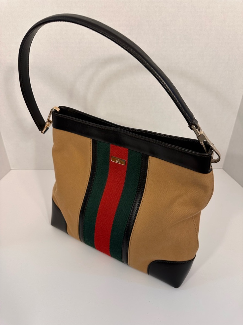 Gucci Tan Shoulder Bag with Green & Red Center Stripe and Black Accents